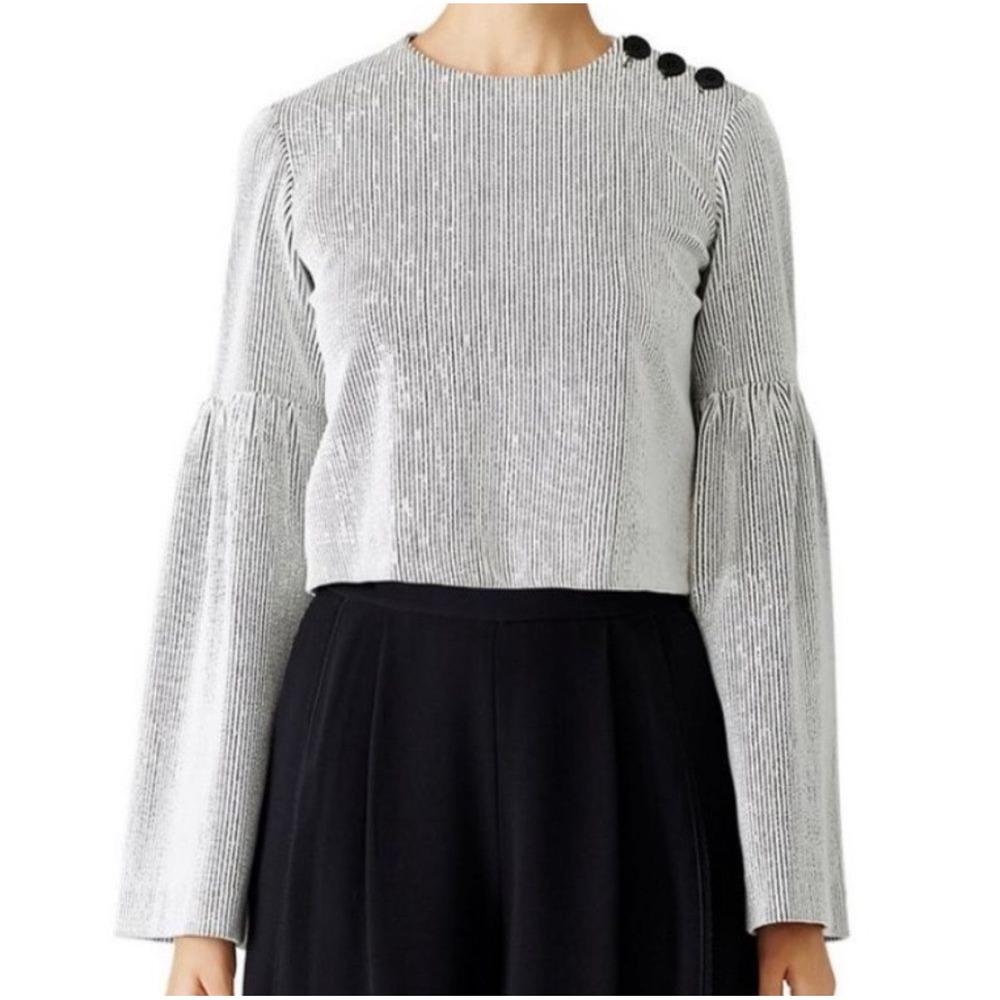 Tibi Striped Crinkle Bell Sleeve Top Women XXS White Black Crop Designer
